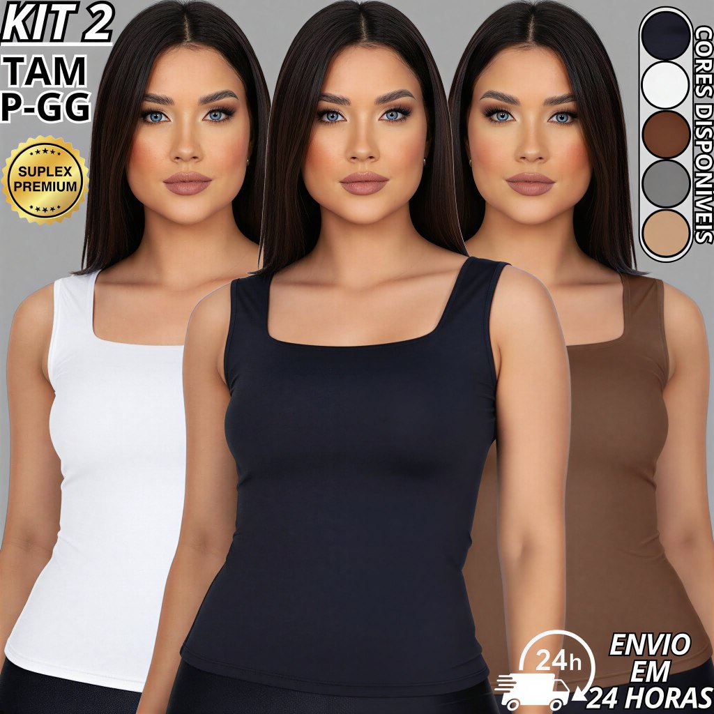 Kit 2 Regata Blusa Feminina Decote Quadrado Suplex Premium Forro Duplo Blusinha básica P M G GG em Oferta na Shopee