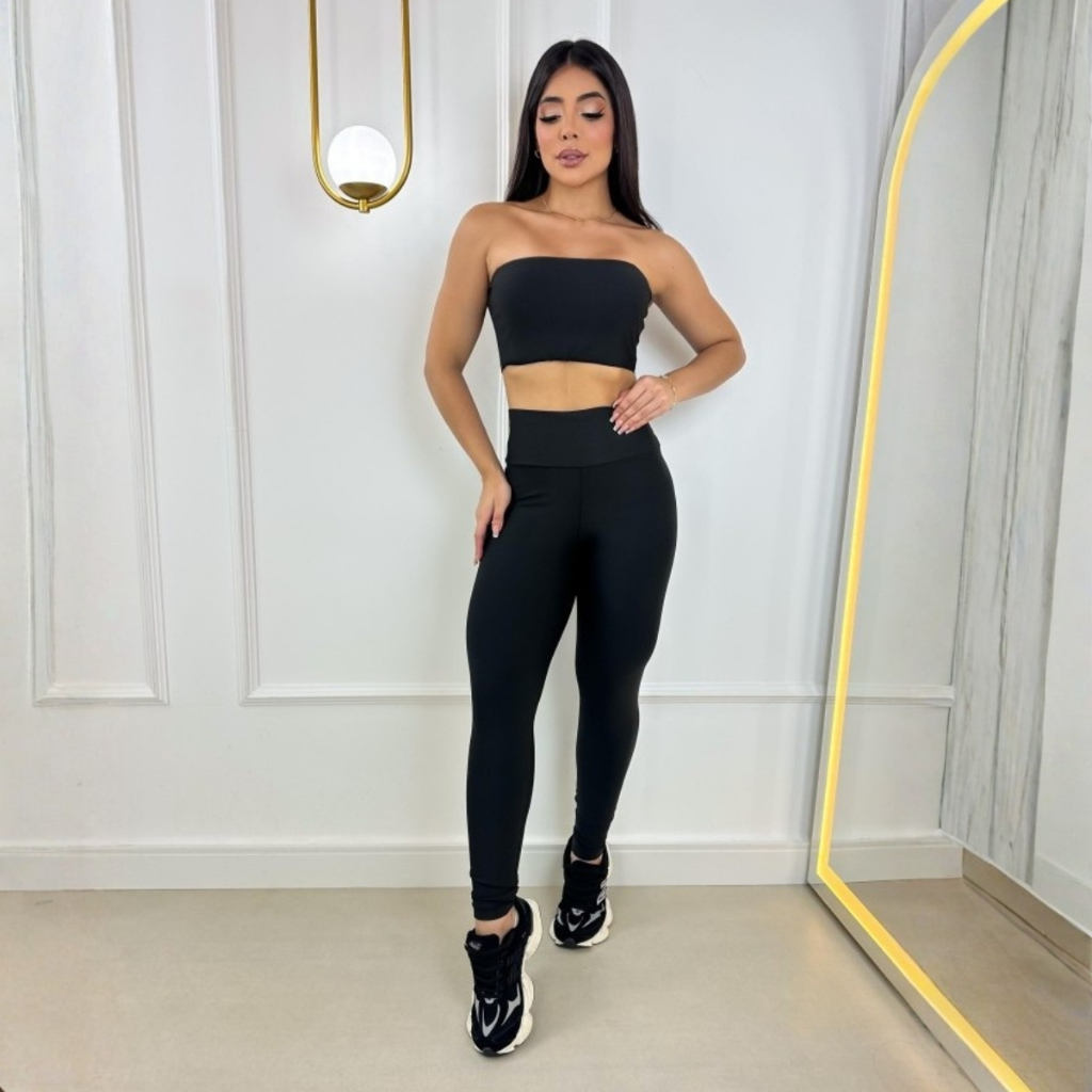 Conjunto cropped tomara que caia top faixa com calça fitness academia zero transparência