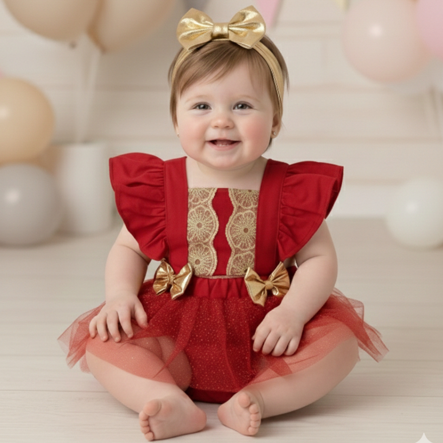 Jardineira Saia Luxo Romper Menina Com Laço Festa Tule Renda Baby Fashion Mini Diva Natal Infantil