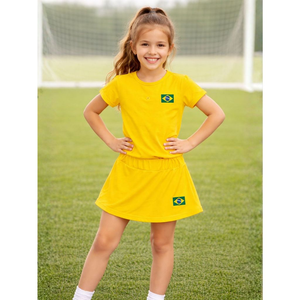 Conjunto infantil do Brasil Copa do Mundo Blusa + Short Saia e Juvenil Feminino Liso e Canelado