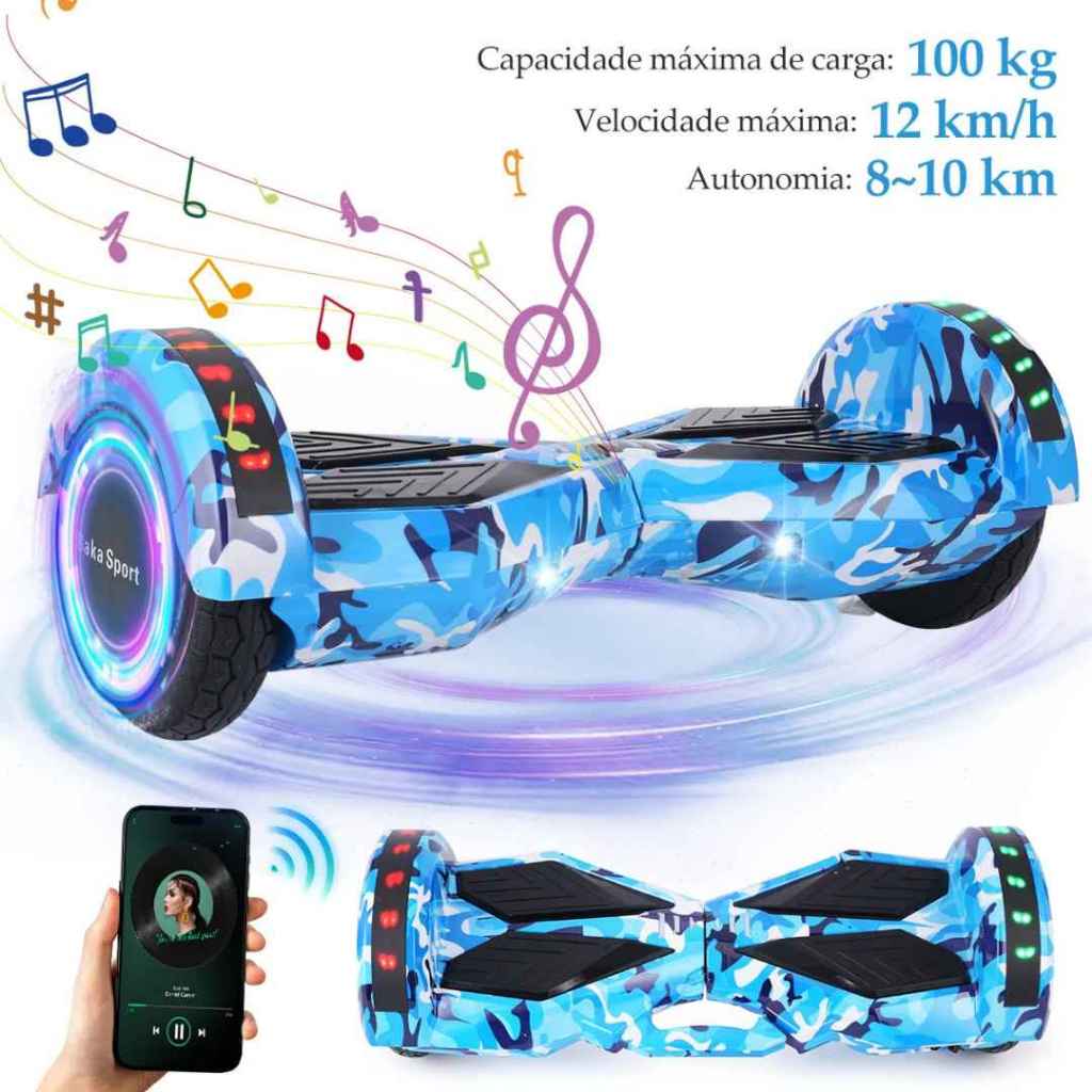 Hoverboard Baka Sport Skate Elétrico 12km/h 8.0 Bluetooth Som Led Azul