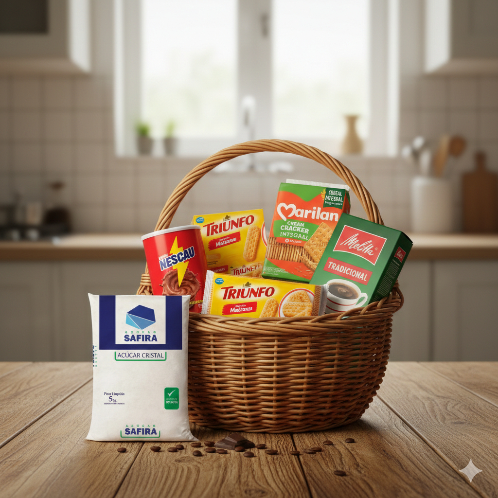 Kit Café da Manhã Completo Café Açúcar Nescau Biscoitos Maizena e Integral