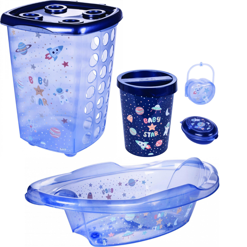 Kit Cesto de Roupa 38L, Banheira 21L, Lixeira 5,5L, Saboneteira e Porta Chupeta Para Bebê ASTRONAUTA em Oferta na Shopee