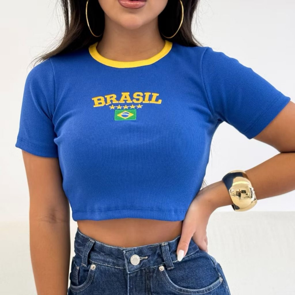 Cropped Blusa Brasil Manga Curta Canelado Sem Bojo Copa Do Mundo 2026 Verão Moda Blogueira Luxo