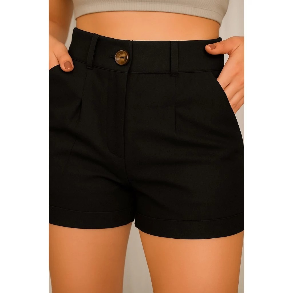 Short Feminino Linho Cintura Alta com Bolso Faca e Botão – Elegante Casual