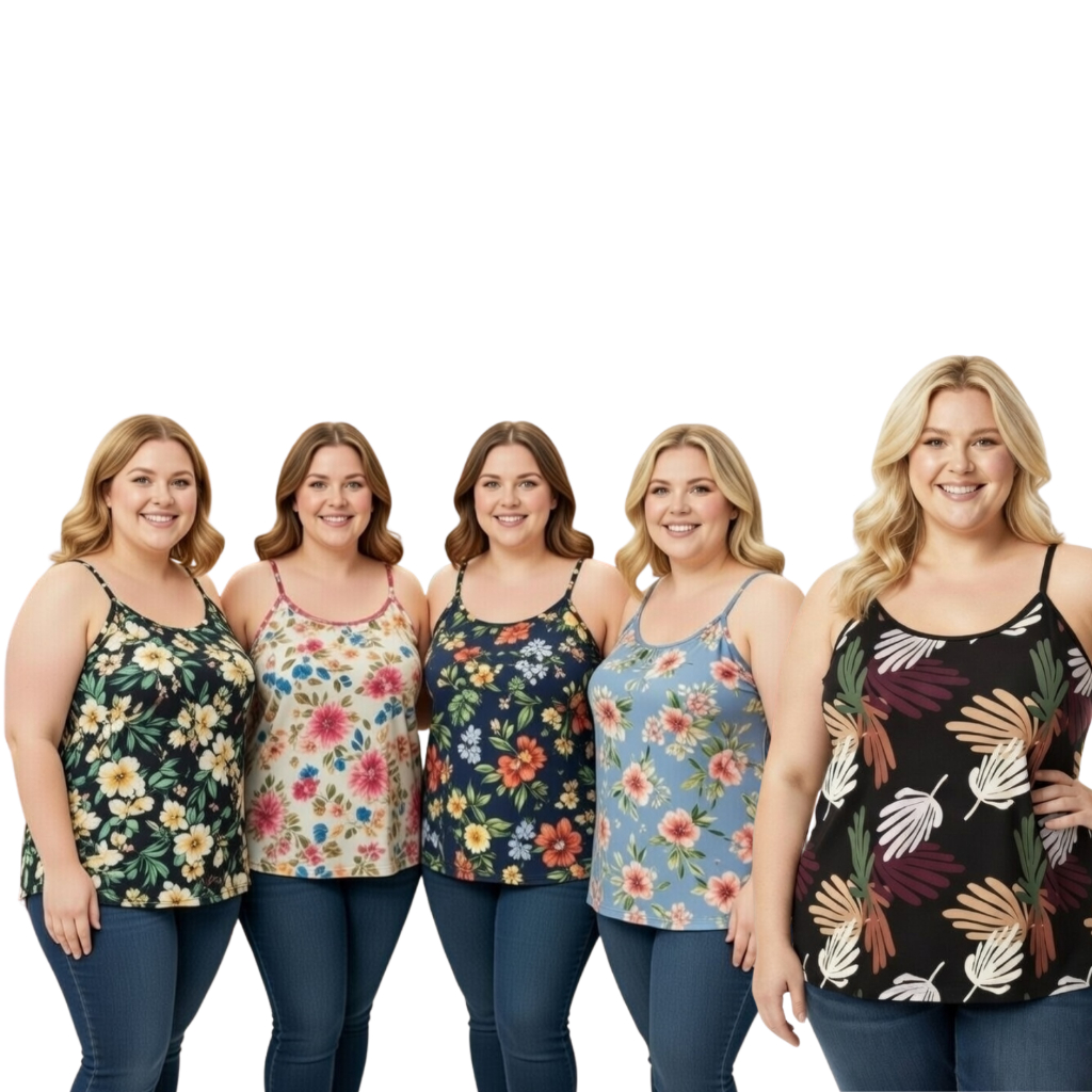 Kit 5 Blusas Regatas em Liganete Plus Size – Estampas Variadas – Tamanhos G1 e G2