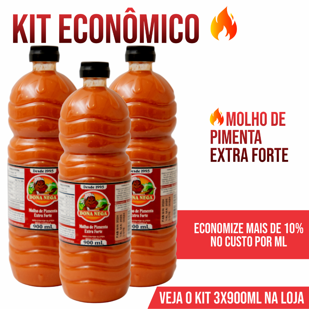 Kit 3 Molhos de Pimenta Malagueta Extra Forte 900ml Dona Nega | Picante para churrasco + Brinde