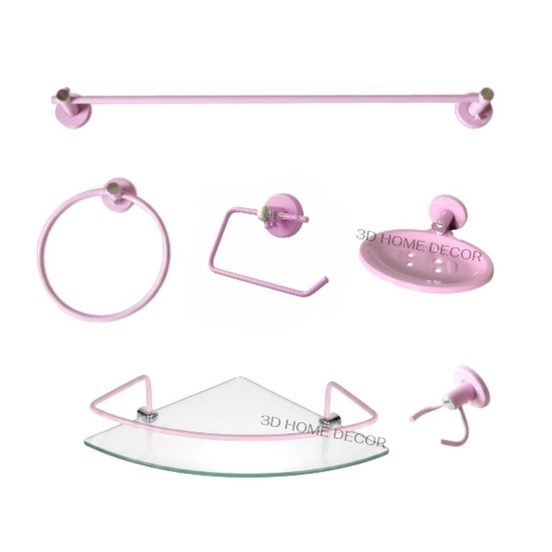 Kit Acessórios P/ Banheiro Cor Rosa Papeleira INOX Porta Shampoo Reto 5 Peças Saboneteira Rosa