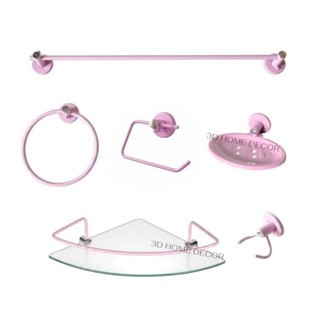 Kit Acessórios P/ Banheiro Cor Rosa Papeleira INOX Porta Shampoo Reto 5 Peças Saboneteira Rosa