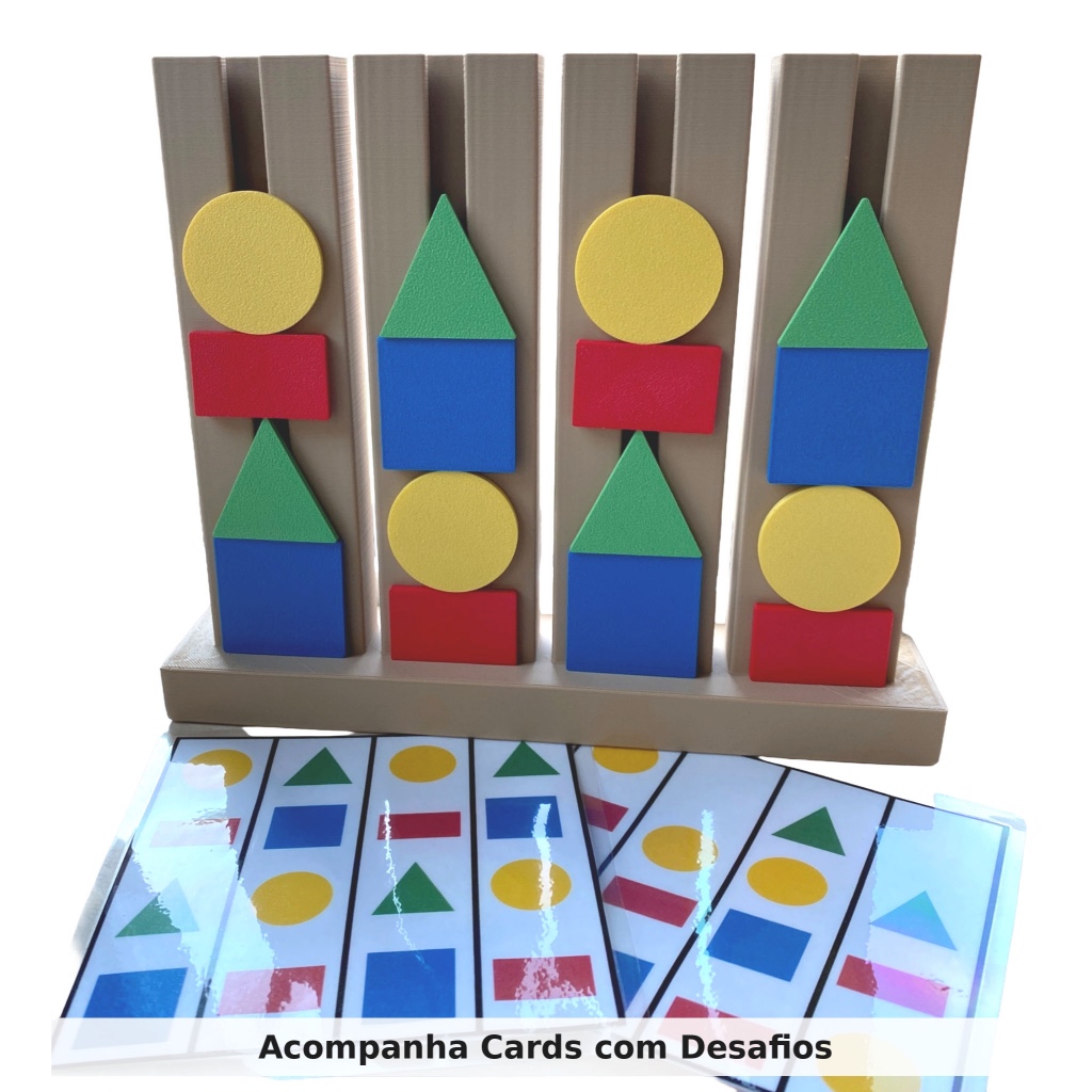 Brinquedo Montessori de Sequência com Formas Geométricas + Cards de Desafios | Educativo Infantil Coordenação Motora