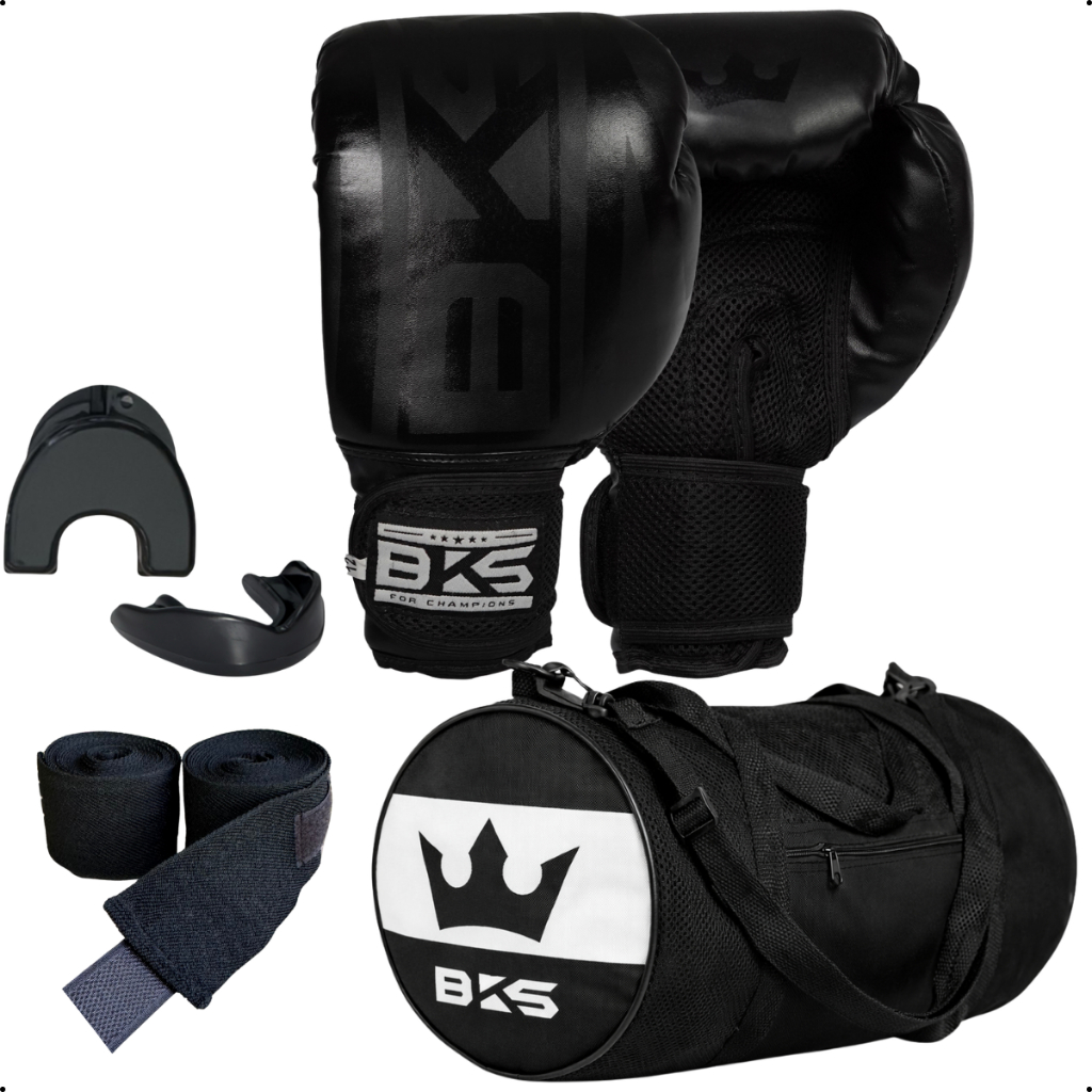 Kit BKS Luva De Boxe Kickboxing Muay Thai + Bolsa + Bandagem Elástica 3 m + Bucal Moldável