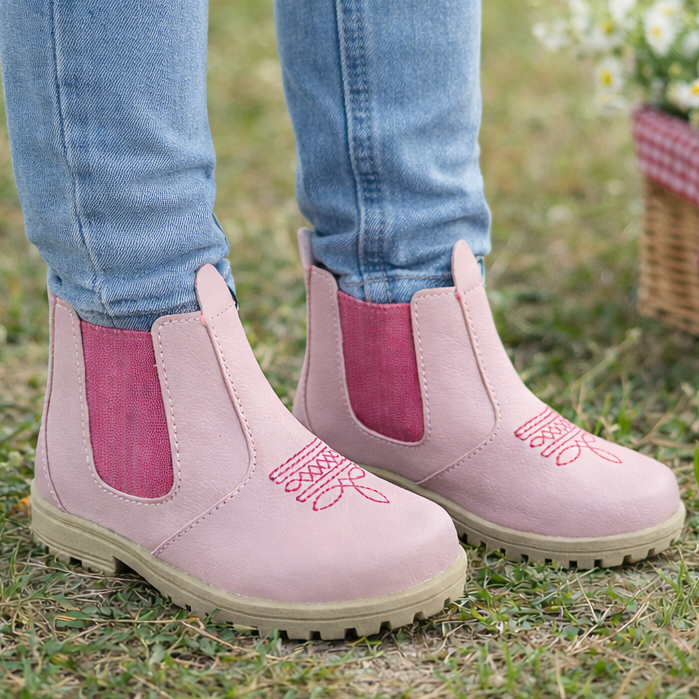 Bota Infantil Botina Chelsea Feminina Menina com Elástico Pink Detalhes Bordado Festa Junina Country
