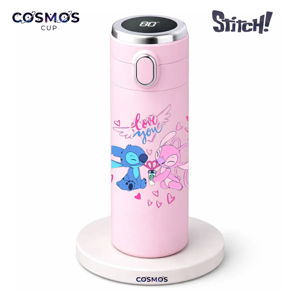 Garrafa Térmica de Aço Inoxidável Stitch e Angel com Medidor de Temperatura Digital 420ml