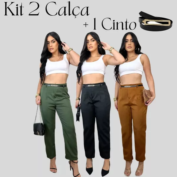 Kit 2 Calça Alfaiataria Feminino Com Cinto
