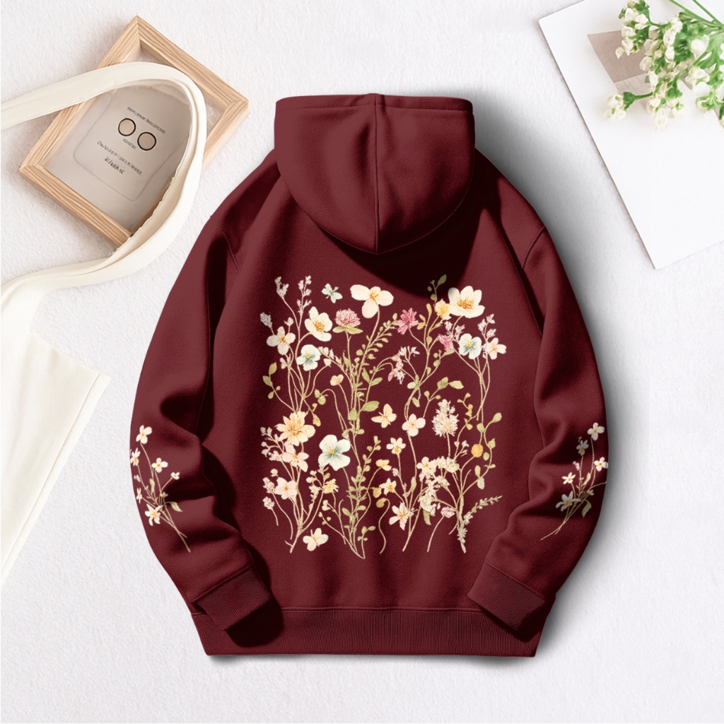Moletom Canguru Blusa de Frio Com Estampa de Flores Nas Costas e Manga Estiloso Tumblr