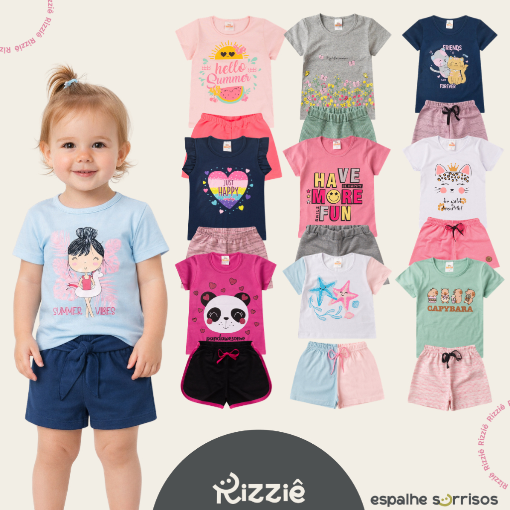 Kit Sortido 10 Peças de Roupas Infantil verão Bebê Menina (5 Camisetas + 5 Shorts) Kit 5 Conjuntos Bebê.