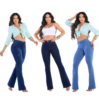 Kit 3 Calças Jeans Feminina Flare Levanta Bumbum Cos Alto Com Lycra Boca De Sino em Oferta na Shopee