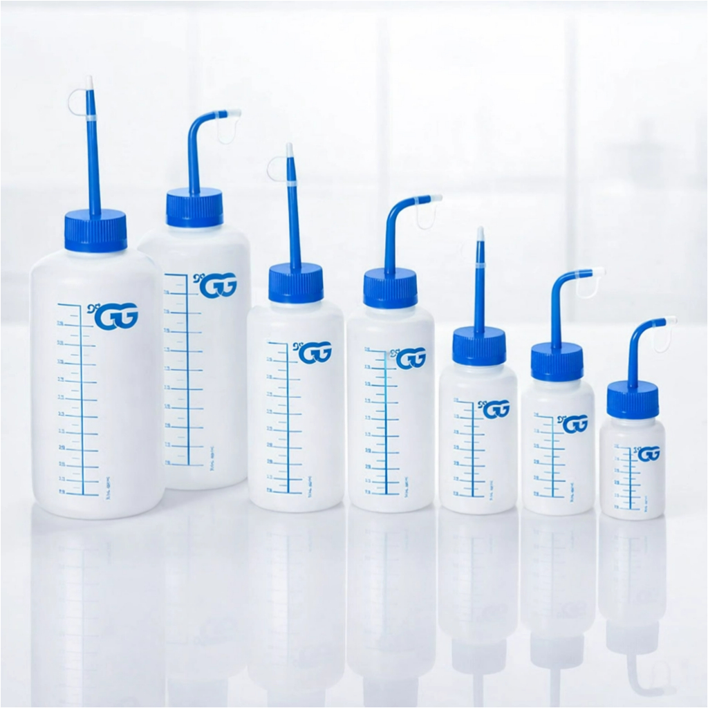 Kit 2 Pissetas Plástica Graduada 1000ml 500ml 250ml 125ml Bico Curvo ou Reto Frasco Dosador p/ Limpeza Laboratório