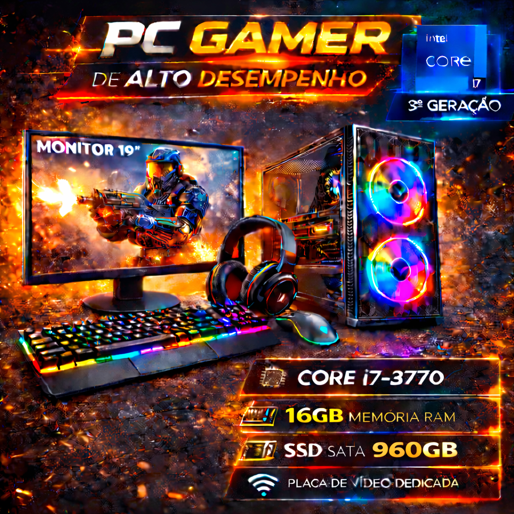 PC Gamer Completo i7 3Gen - 16GB RAM - SSD 960GB - Placa de Vídeo 4GB - Monitor 19"