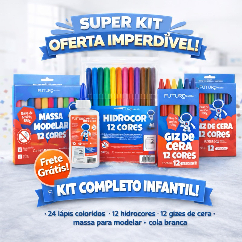 KIT COMPLETO INFANTIL MATERIAL ESCOLAR - LÁPIS DE COR 24 CORES HIDROCOR GIZ MASSA MODELAR COLA