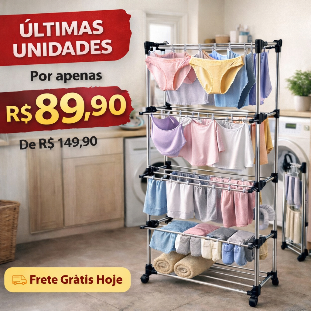 Varal Chão Metal 3 Andares Com Suporte Roupa Prateleiras Cabideiro Branco em Oferta na Shopee