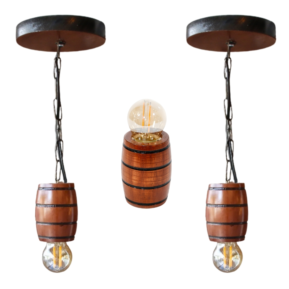 Kit 2 Luminárias Pendentes Barril e 1 Soquete Clássico Barril Vintage Para Luminária - Mogno
