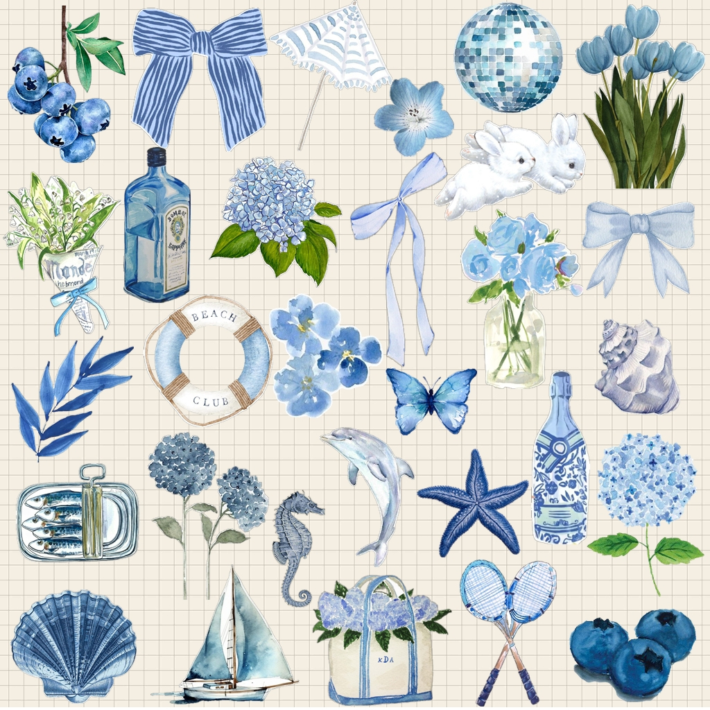 Kit 30 Adesivos Azul Blue Flores Mar para Garrafa Kindle Celular Notebook Vinil À Prova D'Água