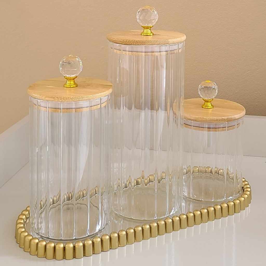 Conjunto com 2 e 3 Potes Herméticos Com Tampa de Bambu CANELADO TRANSPARENTE CRISTAL Porta Condimentos Cozinha