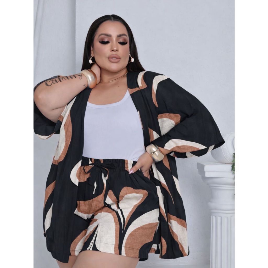 Conjunto Feminino Plus Size Camisa (Kimono) E Short Moda Blogueira em Oferta na Shopee