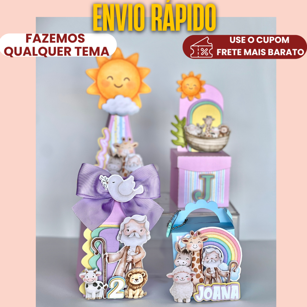 Lembrancinha Personalizada Clássico Arca de Noé Feminino, menina C/APLIQUE 3D caixinha festa aniversário - PEGUE E MONTE