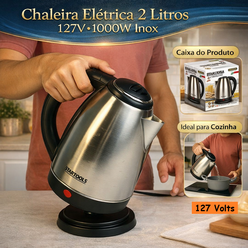 Chaleira Elétrica Inox 2 Litros 127V 1000W Desliga Automático Rápida Jarra LED Ferve Água Chá Café