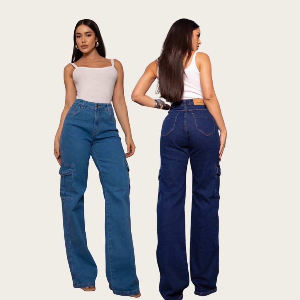Calça Jeans Feminina Pantalona Cintura Alta Wide Leg Cargo Bolso Lateral Com Lycra 22999