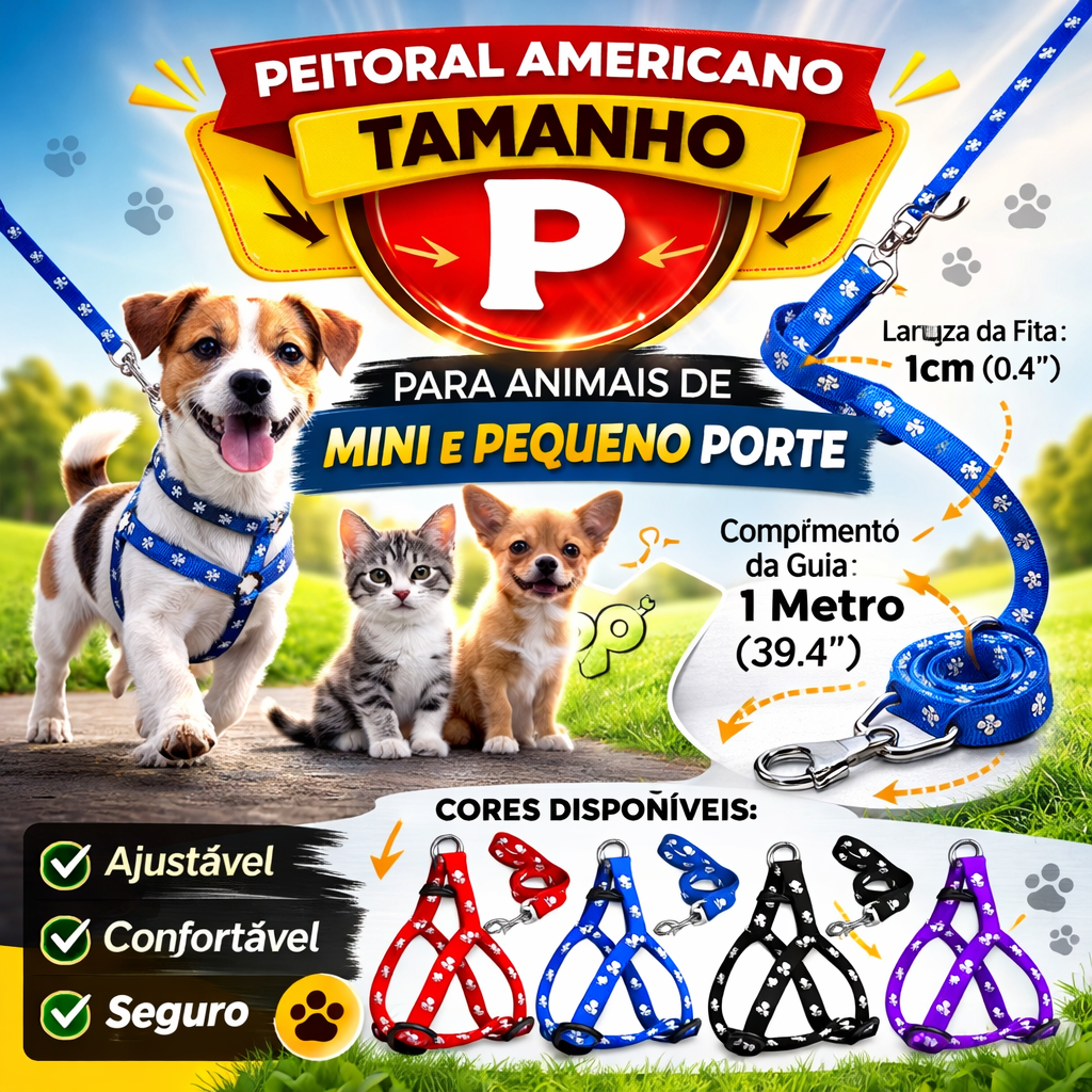 Peitoral Americano Coleira Para Cachorro Tamanho P com Guia de 1Mtr Porte Pequeno Para Pet Cão Gatos