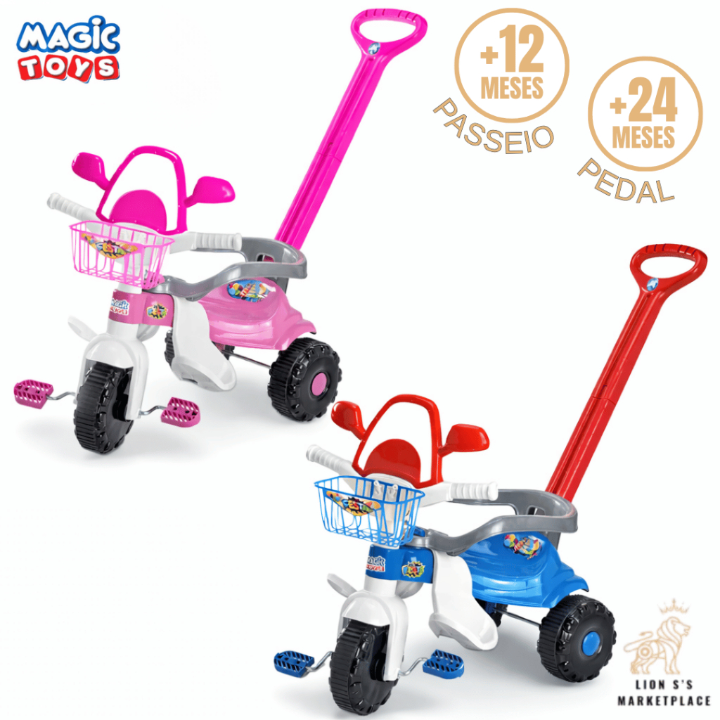 Motoca Triciclo Infantil Haste Removível Cestinha Aro de Proteção