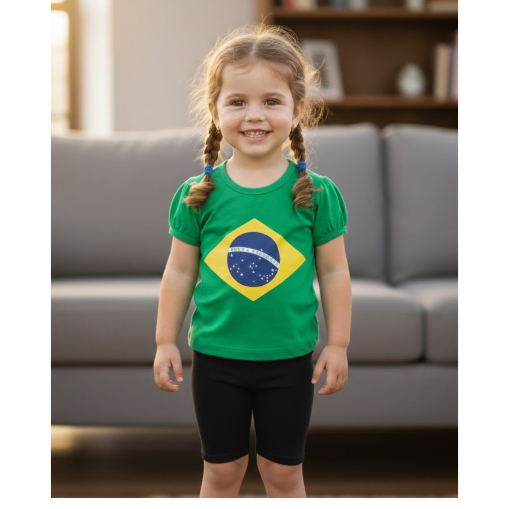 Camiseta Infantil de Manga Princesa pra Menina bandeira do Brasil da Copa do Mundo
