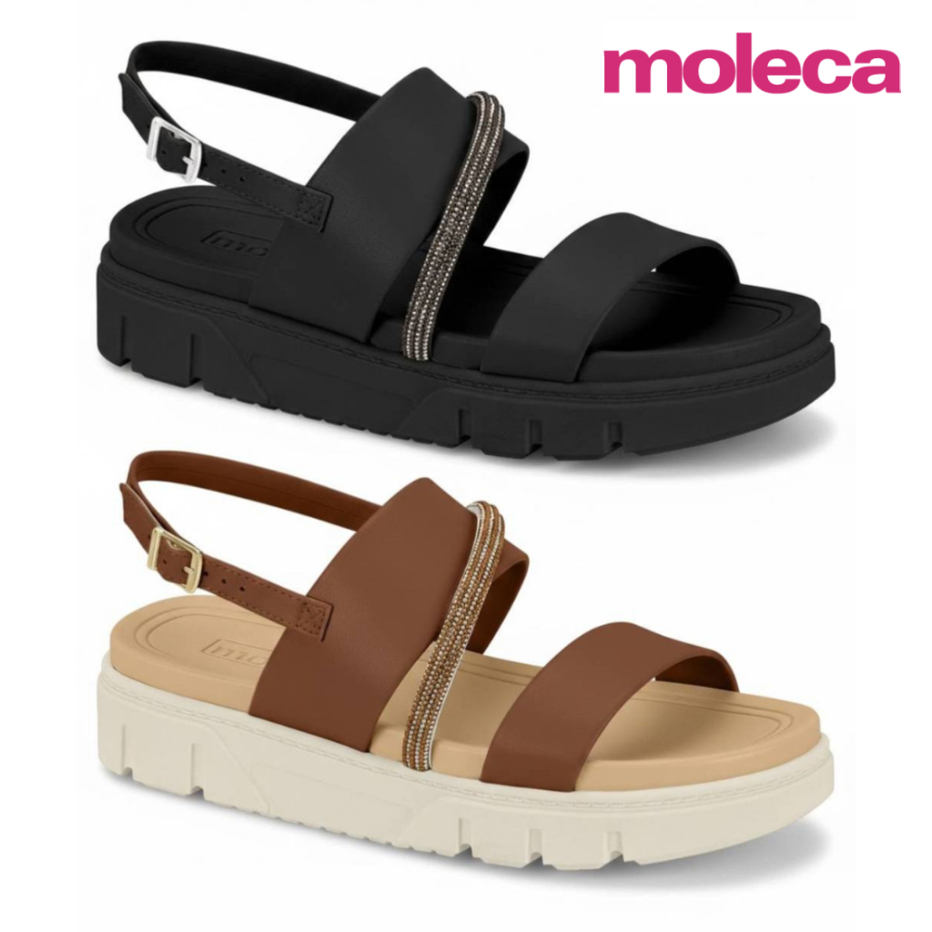 Sandália Feminina Moleca Papete Casual Flatform Tratorada Tira Strass Fivela Confortável Original