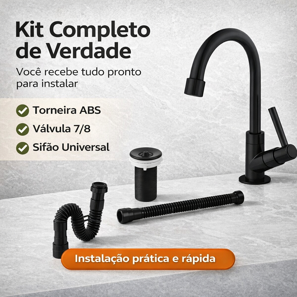 Kit Torneira Banheiro Preta ABS com Sifão Universal e Válvula 7/8 Completo