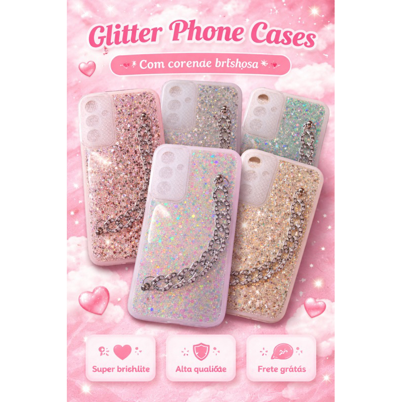 kit Capa Glitter Luxo para Galaxy A15 com Alça Corrente Strass – Brilhante e Elegante + pelicula ✨