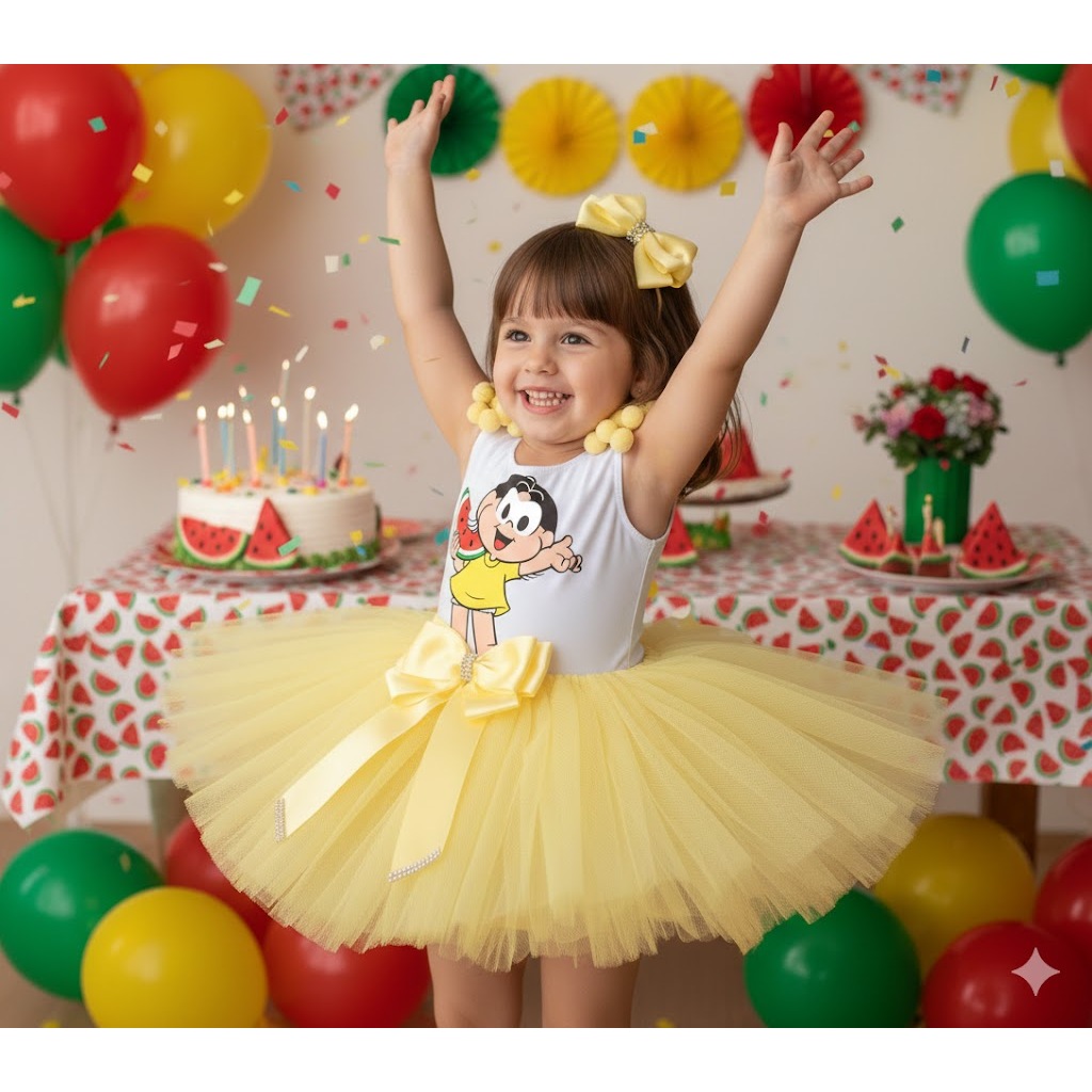 Fantasia Infantil Menina Magali Turma da Mônica Saia de Tutu com Body e Laço