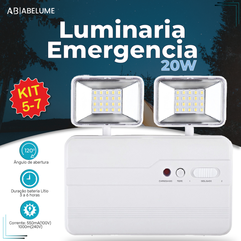 Kit5/6/7 Luminária de Emergência LED PRO 20W com 2 Farol 40 LEDS Luz Branco Frio
