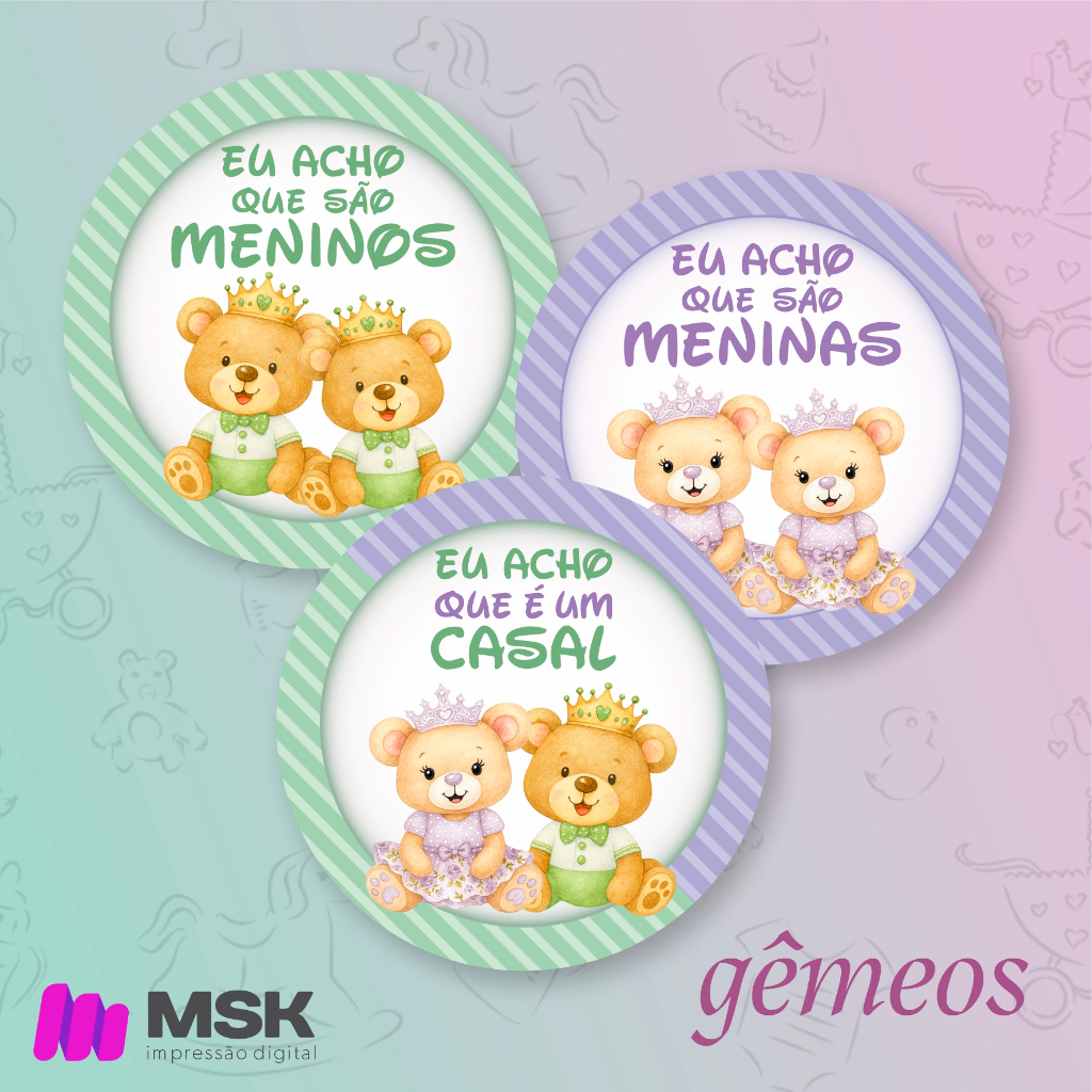 Kit Adesivos Festa Chá Revelação De Gêmeos Ursos Lilás e Verde Menino e Menina em Oferta na Shopee