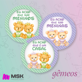 Kit Adesivos Festa Chá Revelação De Gêmeos Ursos Lilás e Verde Menino e Menina em Oferta na Shopee