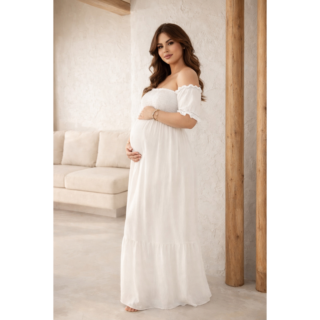 Vestido Longo Gestante Ciganinha Ombro a Ombro Vestido Para Grávida Amamentação Casual Confortável