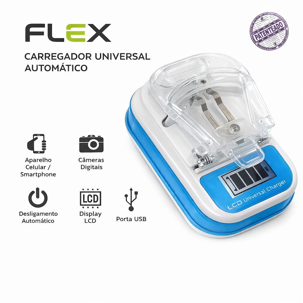Carregador de Bateria Universal Digital para Celular Câmera Bivolt c/ Display LCD e Porta USB - Flex