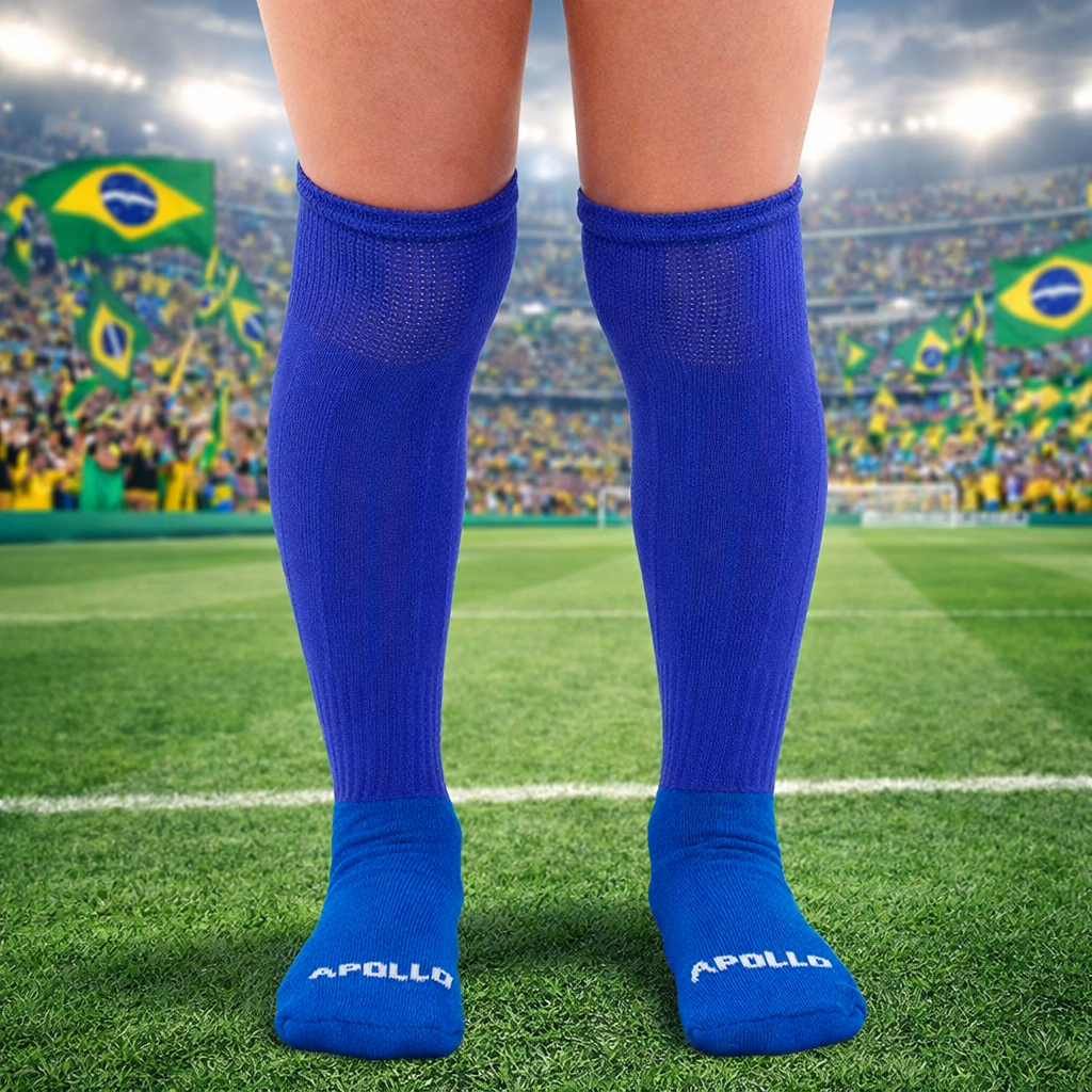 1 Par de Meião de Futebol Infantil e Juvenil Atoalhado da Apollo Confortável Preto Branco e Azul