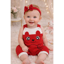 Conjunto Jardineira Bebê Menina com Tiara Gatinha – Macacão Infantil Fofo, Macio e Confortável