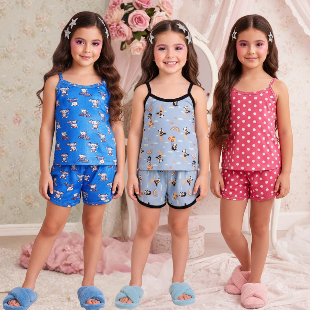 Kit 3 Babydoll Infantil Suede Estampado Alça – Pijama Infantil Feminino Blusa e Short Estampado | Infantil Confortável