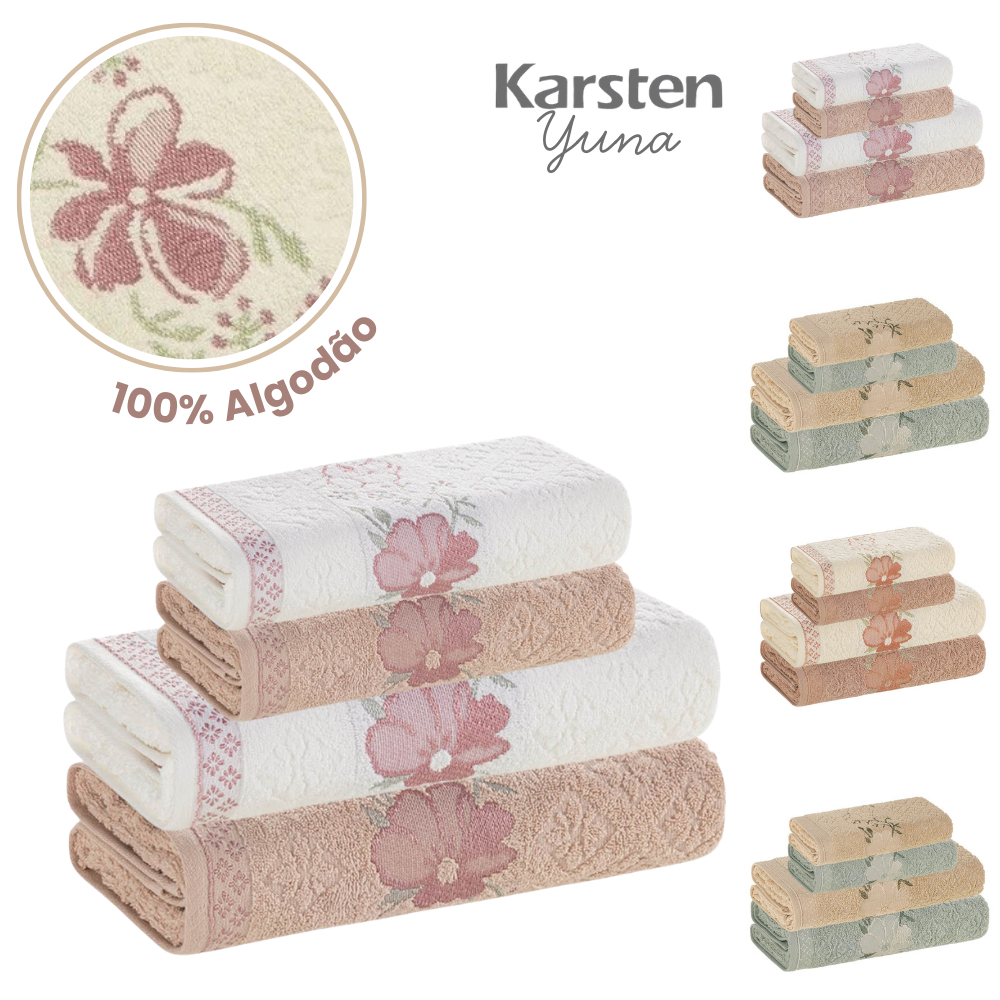 Kit Jogo De Toalhas de Banho e Rosto 4 Peças 100% Algodão Ótima Absorção Yuna Karsten