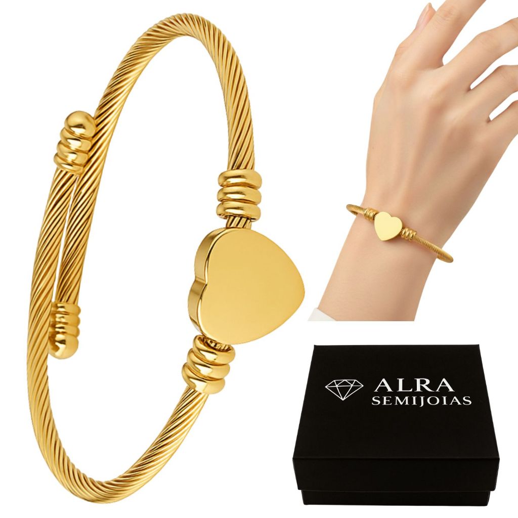 Pulseira Feminina Coração Banhada Ajustável Aço Inoxidável Dourado + Caixa Antialérgica Estiloso Sofisticado