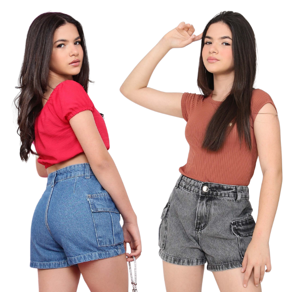 Kit short cargo jeans menina bolso laterias infantil juvenil